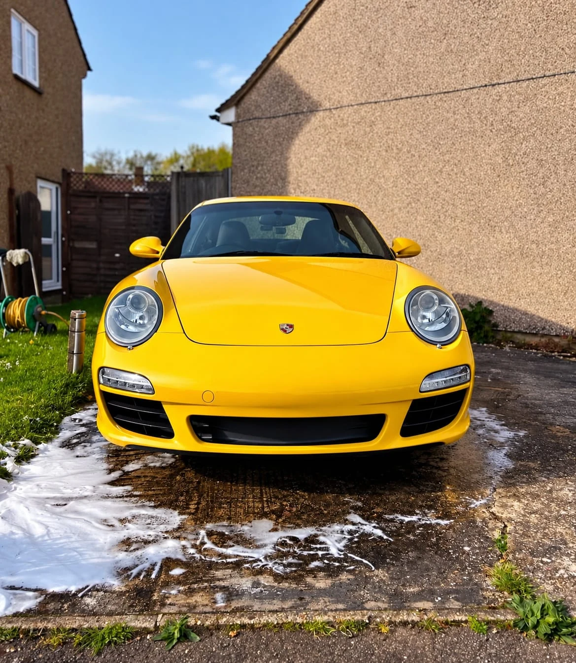 Yellow Porsche 911 Carrera after detailing, viewed from the front