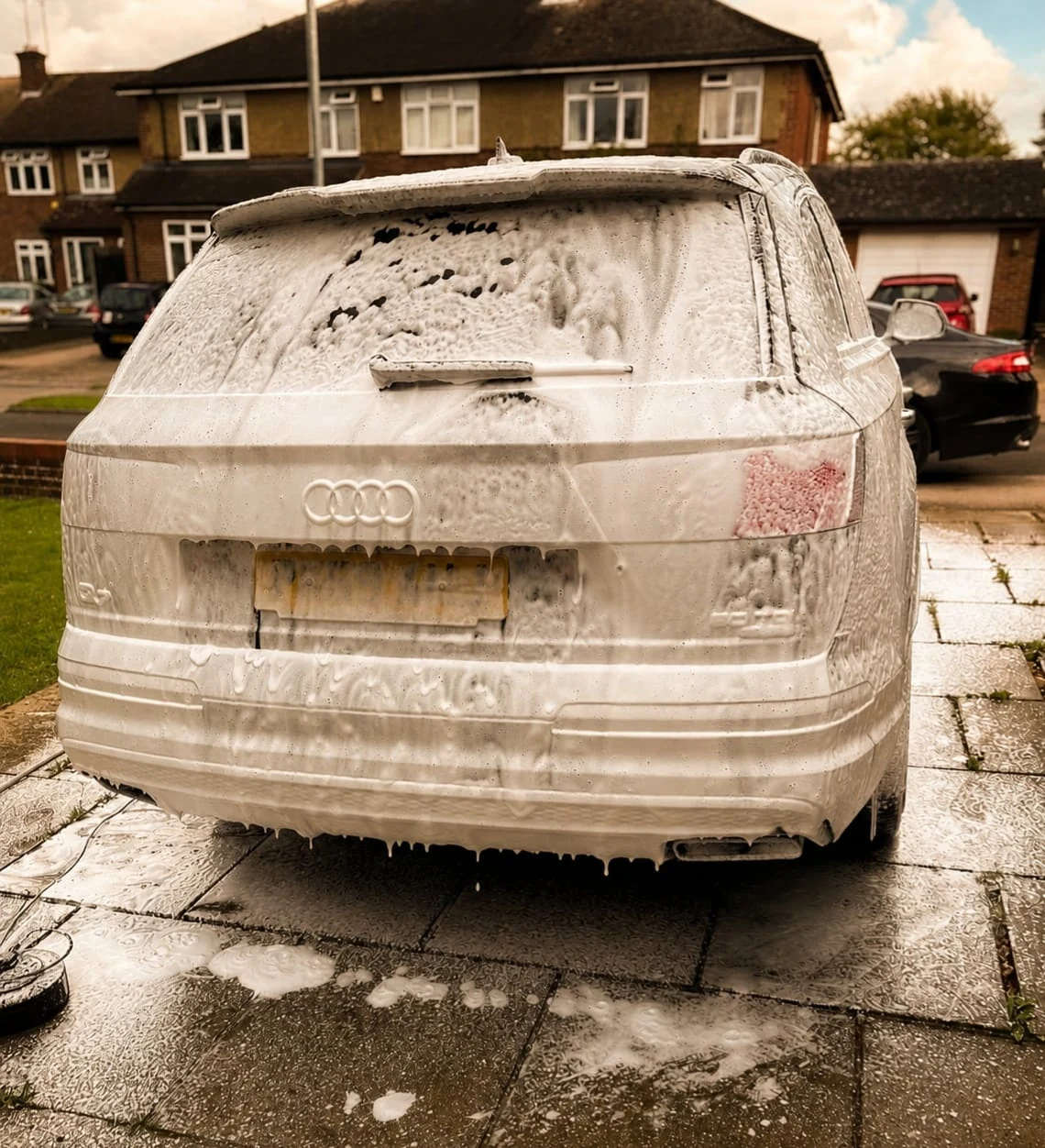 Audi Q7 during snow foam pre-wash, viewed from the rear